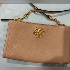 Tory Burch Womens Carson Beige Tan Leather Crossbody Purse Handbag